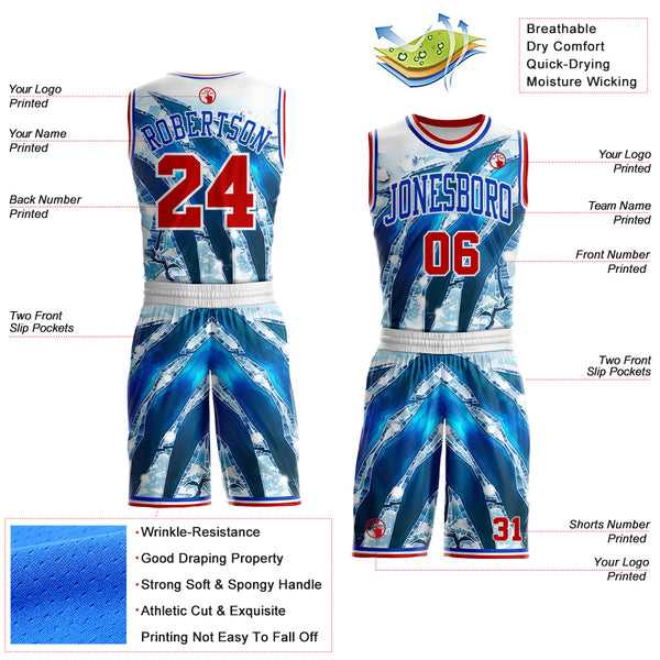 Custom White Red-Thunder Blue Winter Ice Round Neck Sublimation Basketball Uniform Jersey