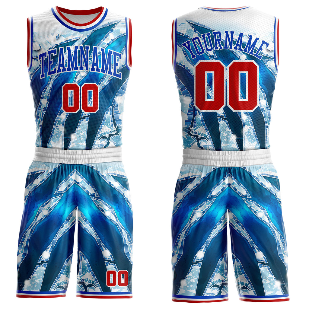 Custom White Red-Thunder Blue Winter Ice Round Neck Sublimation Basketball Uniform Jersey