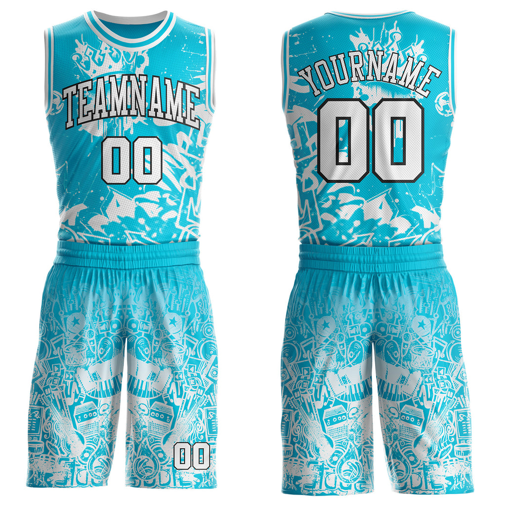 Custom Lakes Blue White-Black Music Street Graffiti Round Neck Sublimation Basketball Uniform Jersey