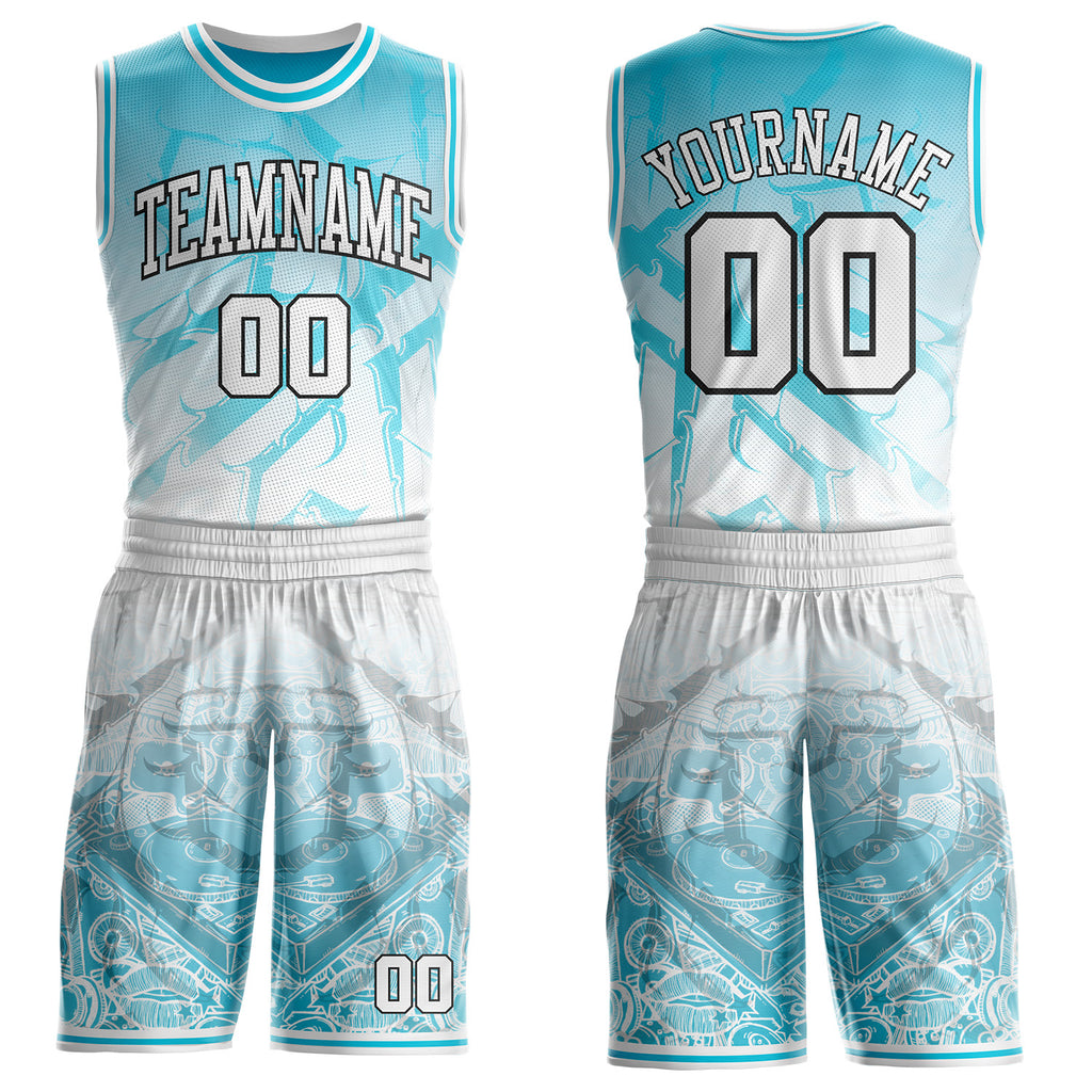 Custom Lakes Blue White-Black Music Street Graffiti Round Neck Sublimation Basketball Uniform Jersey