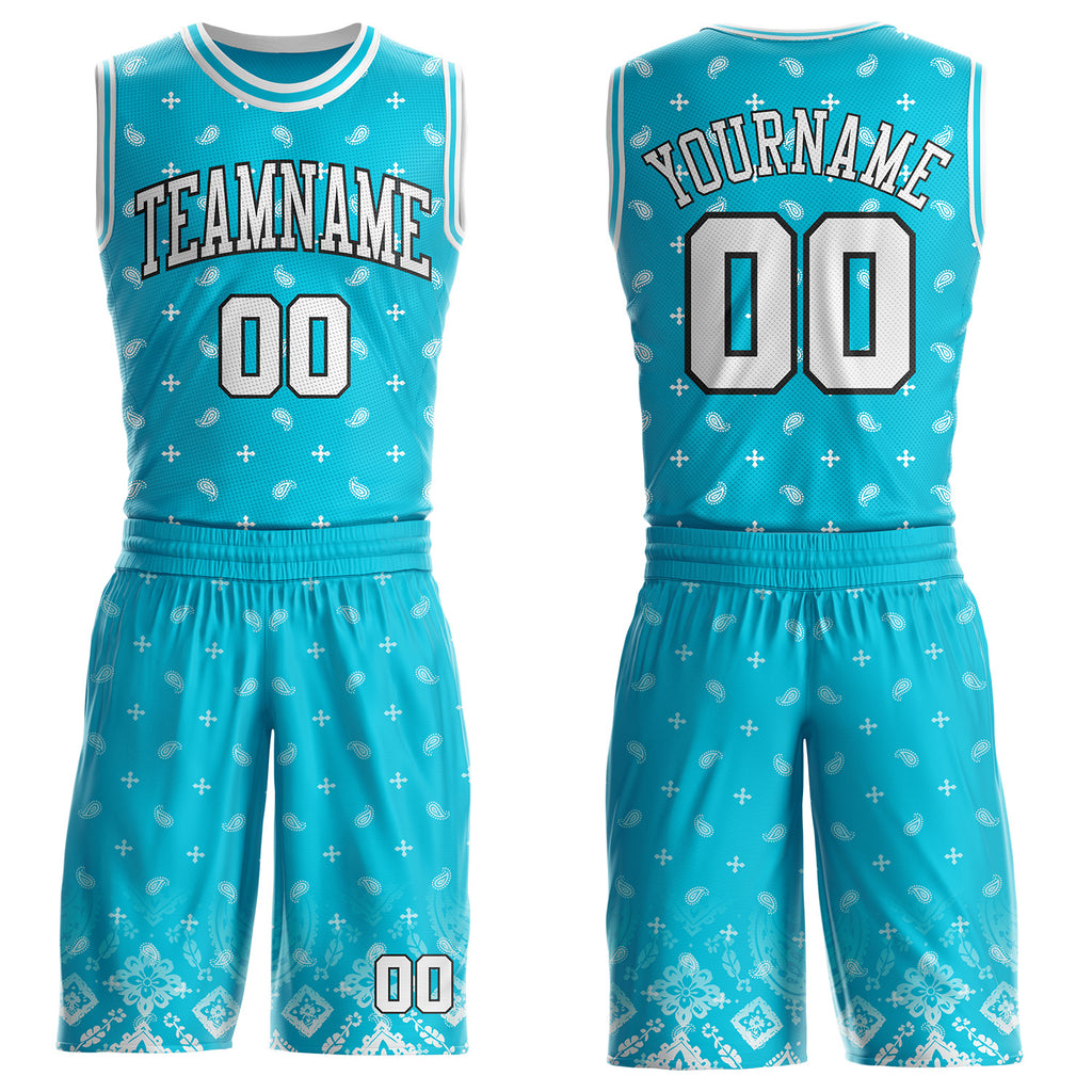 Custom Lakes Blue White-Black Paisley Bandana Round Neck Sublimation Basketball Uniform Jersey