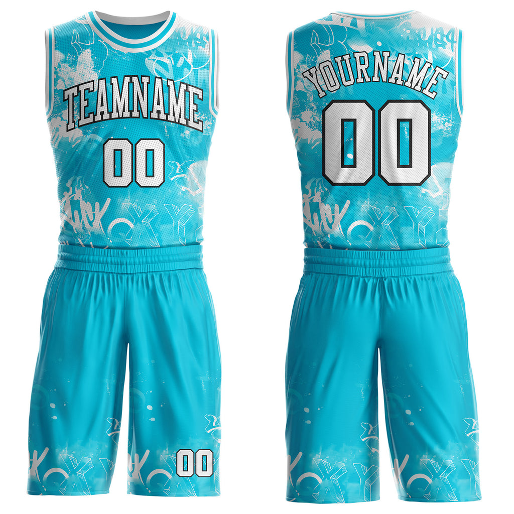 Custom Lakes Blue White-Black Hiphop Street Graffiti Round Neck Sublimation Basketball Uniform Jersey