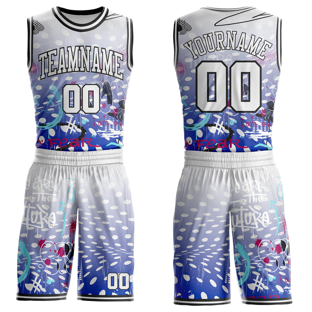 Custom White Blue-Black Hiphop Street Graffiti Round Neck Sublimation Basketball Uniform Jersey