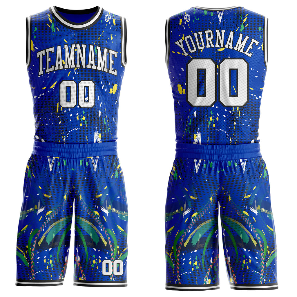 Custom Blue White-Black Splatter Paint Graffiti Round Neck Sublimation Basketball Uniform Jersey
