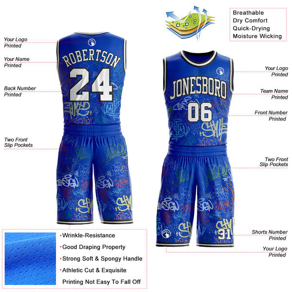 Custom Blue White-Black Hiphop Street Graffiti Round Neck Sublimation Basketball Uniform Jersey