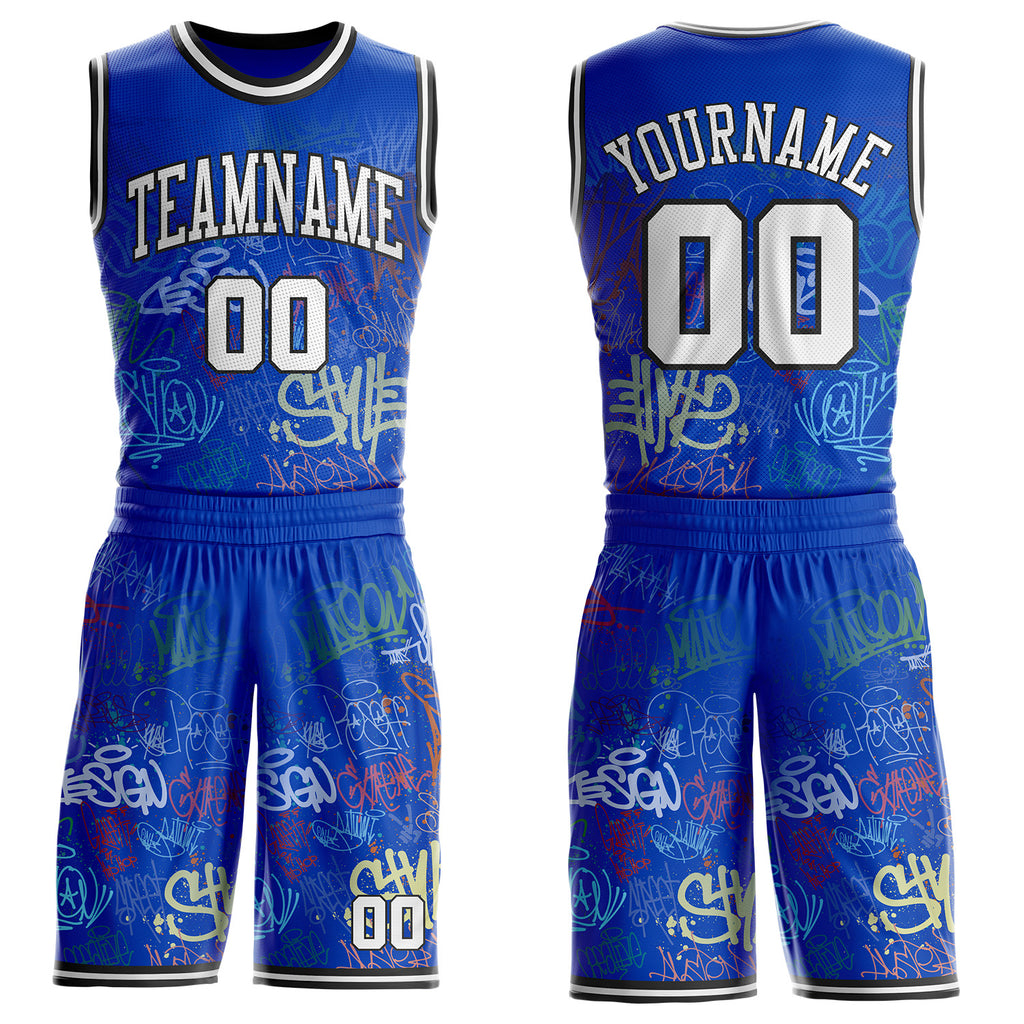 Custom Blue White-Black Hiphop Street Graffiti Round Neck Sublimation Basketball Uniform Jersey
