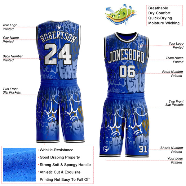 Custom Blue White-Black Hiphop Street Graffiti Round Neck Sublimation Basketball Uniform Jersey