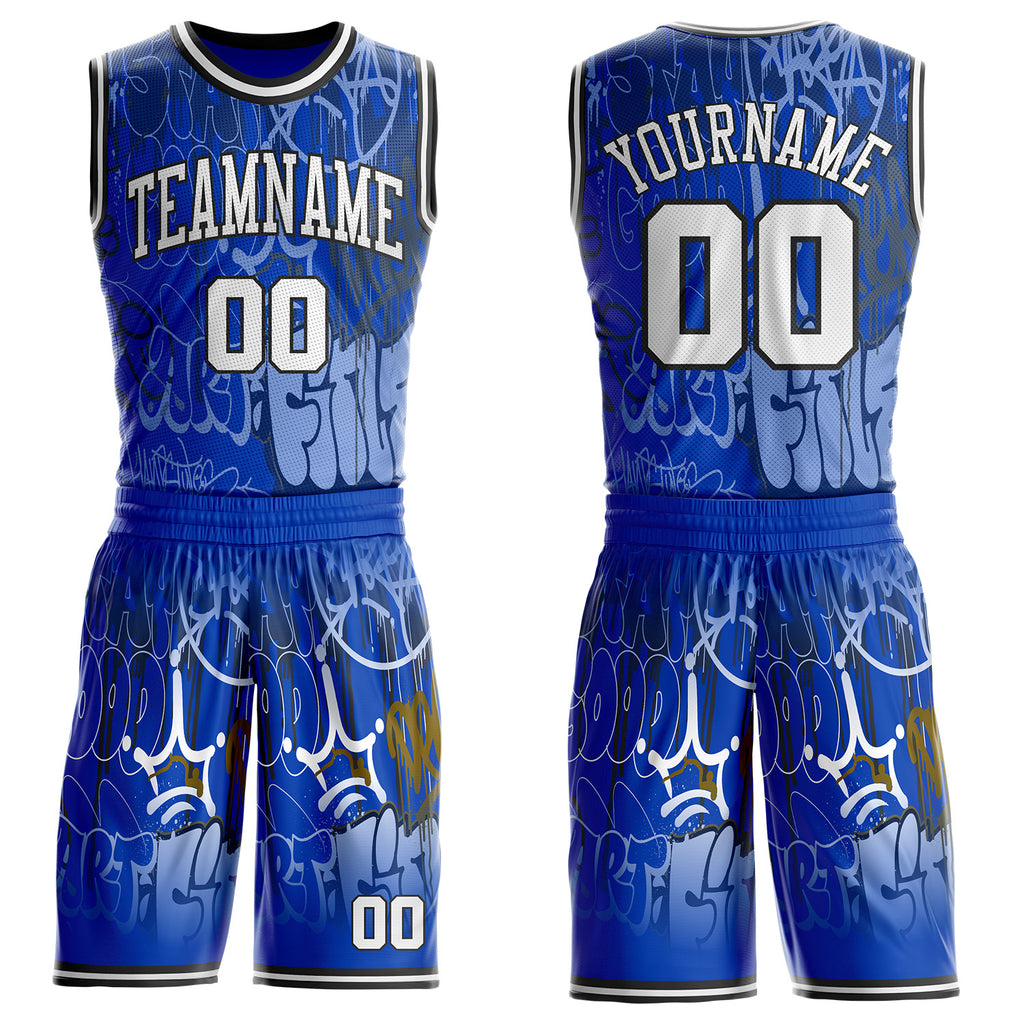 Custom Blue White-Black Hiphop Street Graffiti Round Neck Sublimation Basketball Uniform Jersey