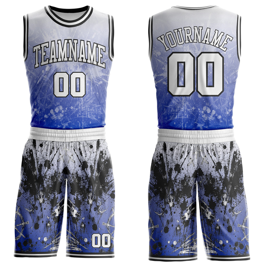 Custom Blue White-Black Hiphop Street Graffiti Splatter Round Neck Sublimation Basketball Uniform Jersey