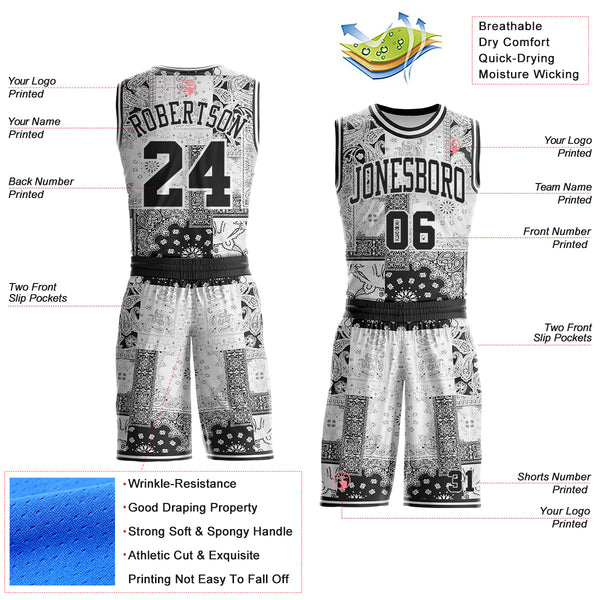 Custom White-Black Paisley Bandana Patchwork Round Neck Sublimation Basketball Uniform Jersey