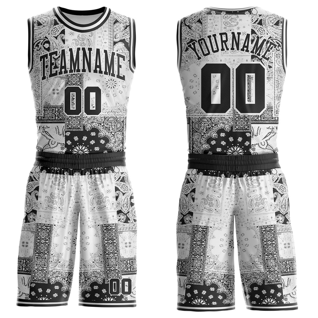 Custom White-Black Paisley Bandana Patchwork Round Neck Sublimation Basketball Uniform Jersey