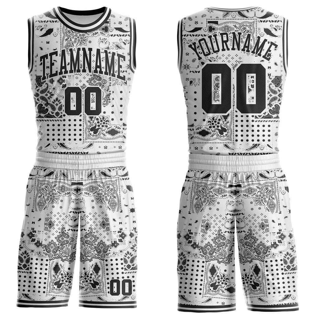 Custom White-Black Paisley Bandana Patchwork Round Neck Sublimation Basketball Uniform Jersey