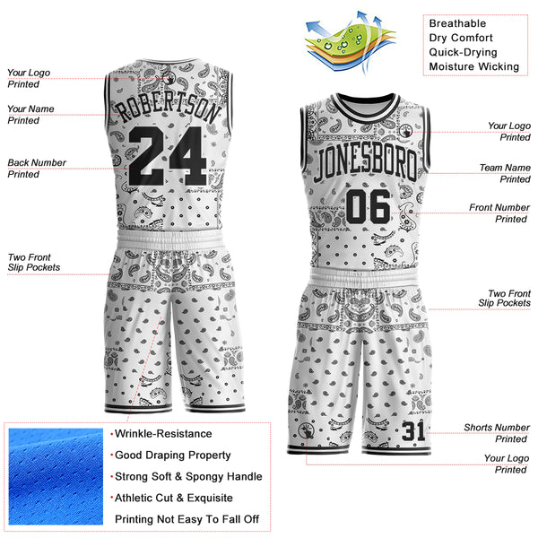 Custom White-Black Paisley Bandana Patchwork Round Neck Sublimation Basketball Uniform Jersey