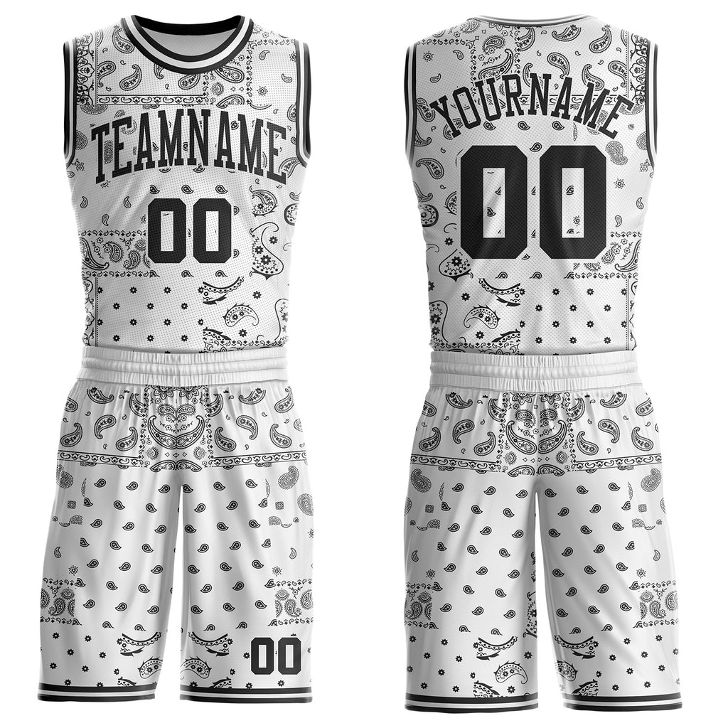 Custom White-Black Paisley Bandana Patchwork Round Neck Sublimation Basketball Uniform Jersey
