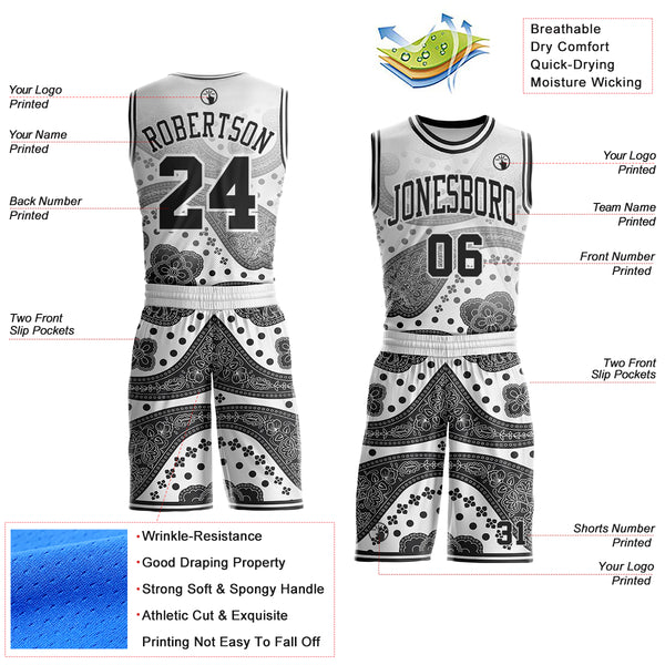 Custom Gray Black-White Paisley Bandana Patchwork Round Neck Sublimation Basketball Uniform Jersey