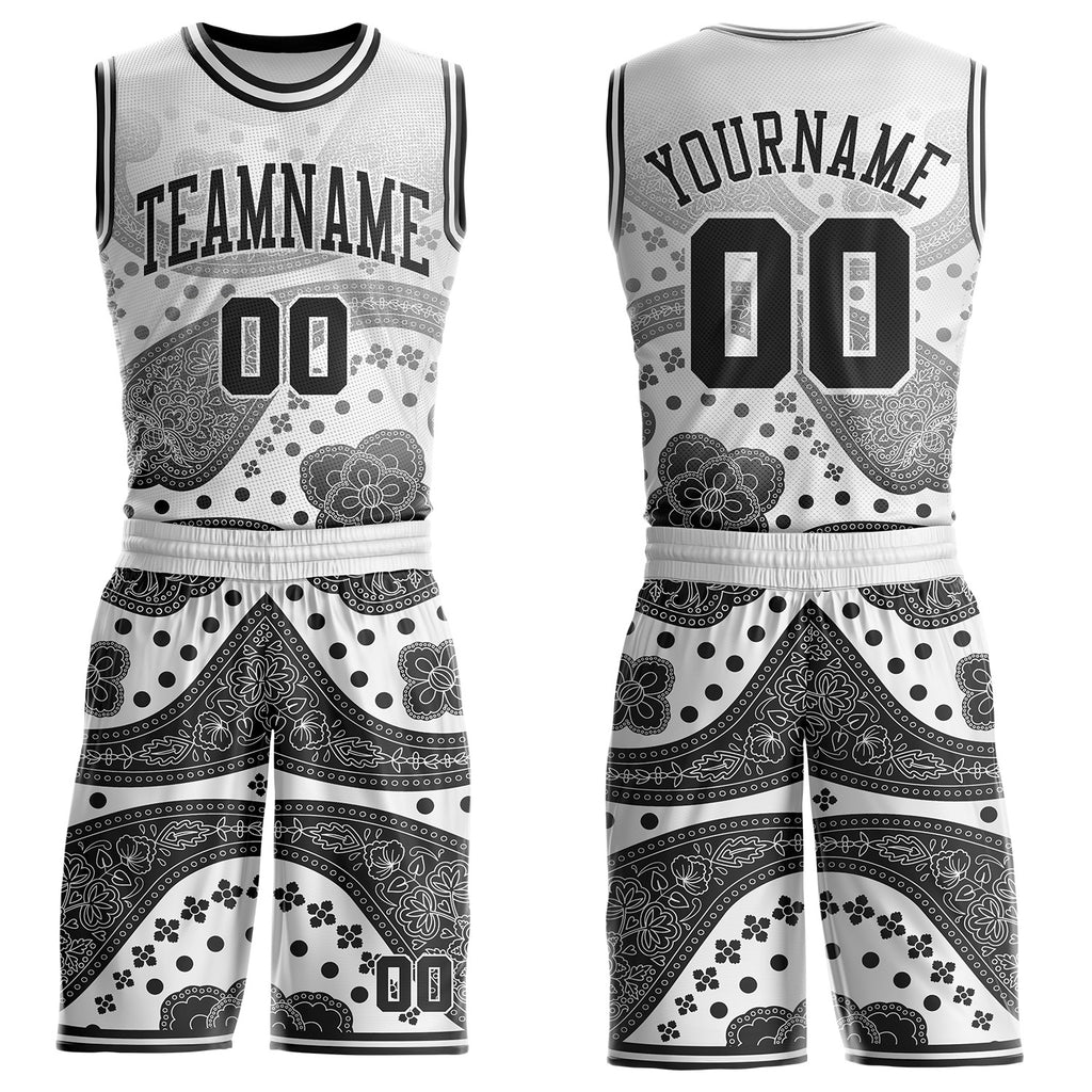 Custom Gray Black-White Paisley Bandana Patchwork Round Neck Sublimation Basketball Uniform Jersey