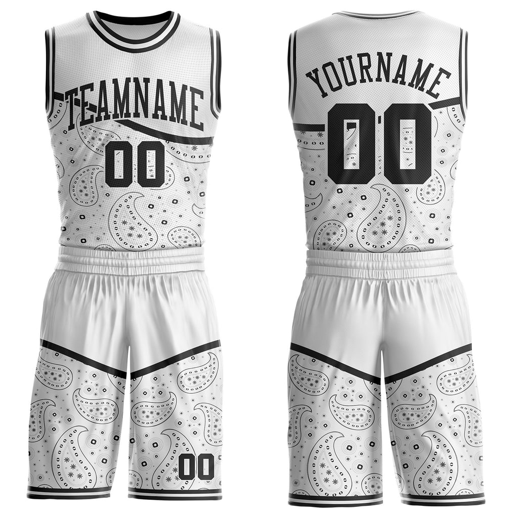 Custom White-Black Paisley Bandana Round Neck Sublimation Basketball Uniform Jersey