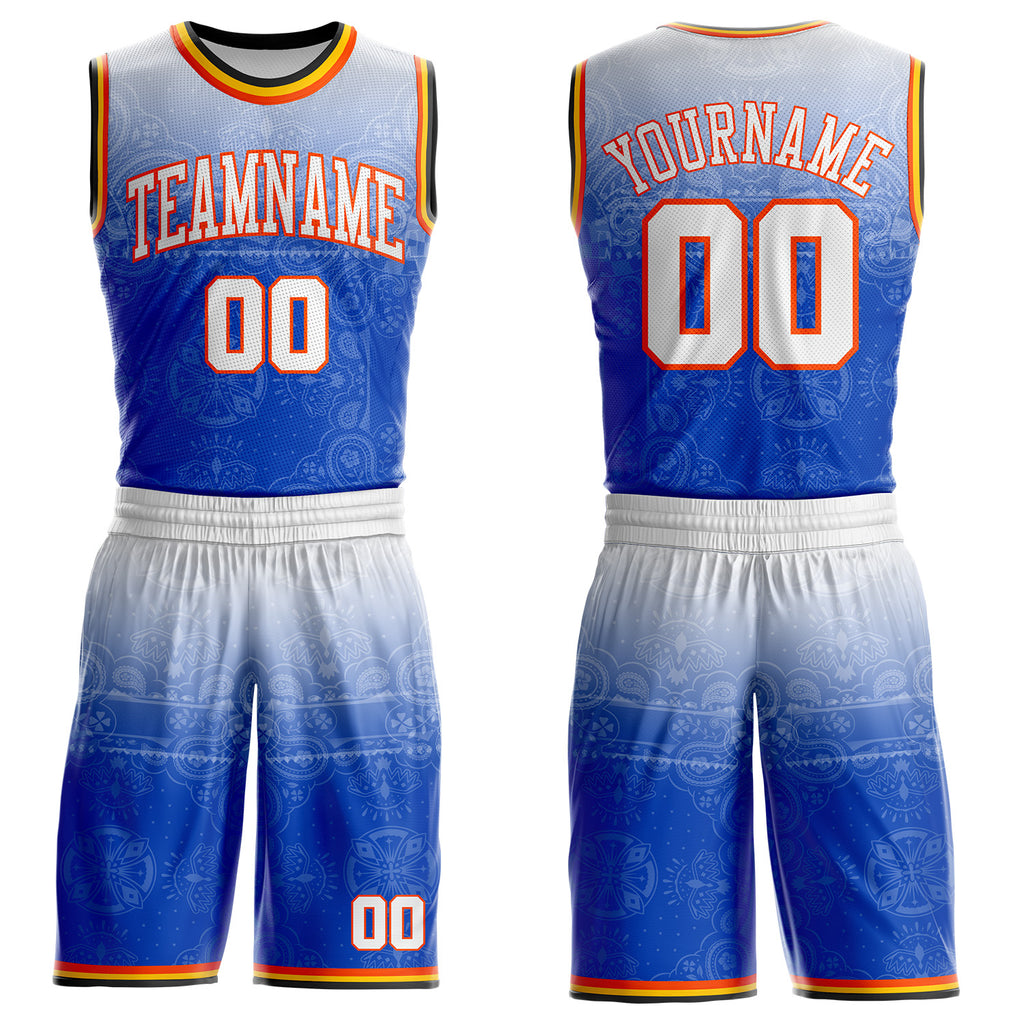 Custom Blue White Orange Black-Yellow Gradient Bandana Paisley Round Neck Sublimation Basketball Uniform Jersey