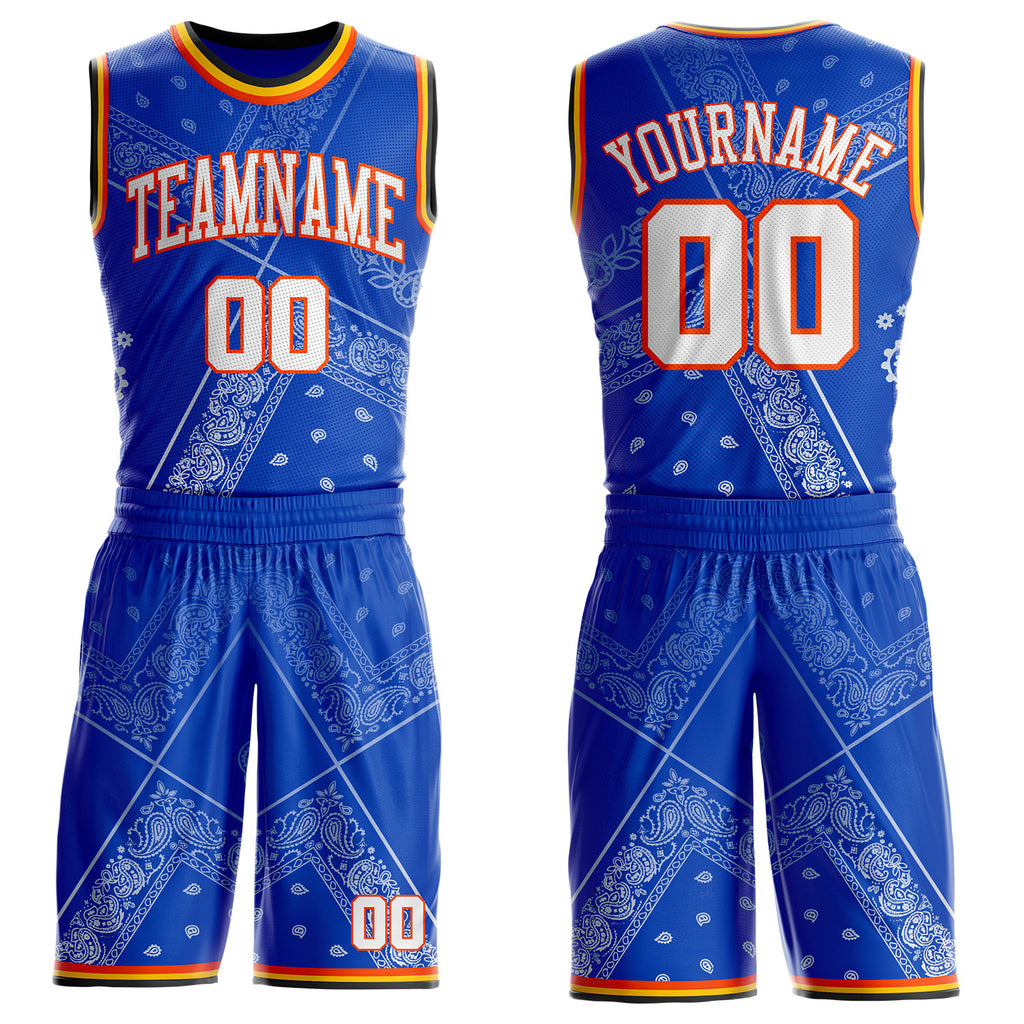 Custom Blue White Orange Black-Yellow Paisley Bandana Round Neck Sublimation Basketball Uniform Jersey
