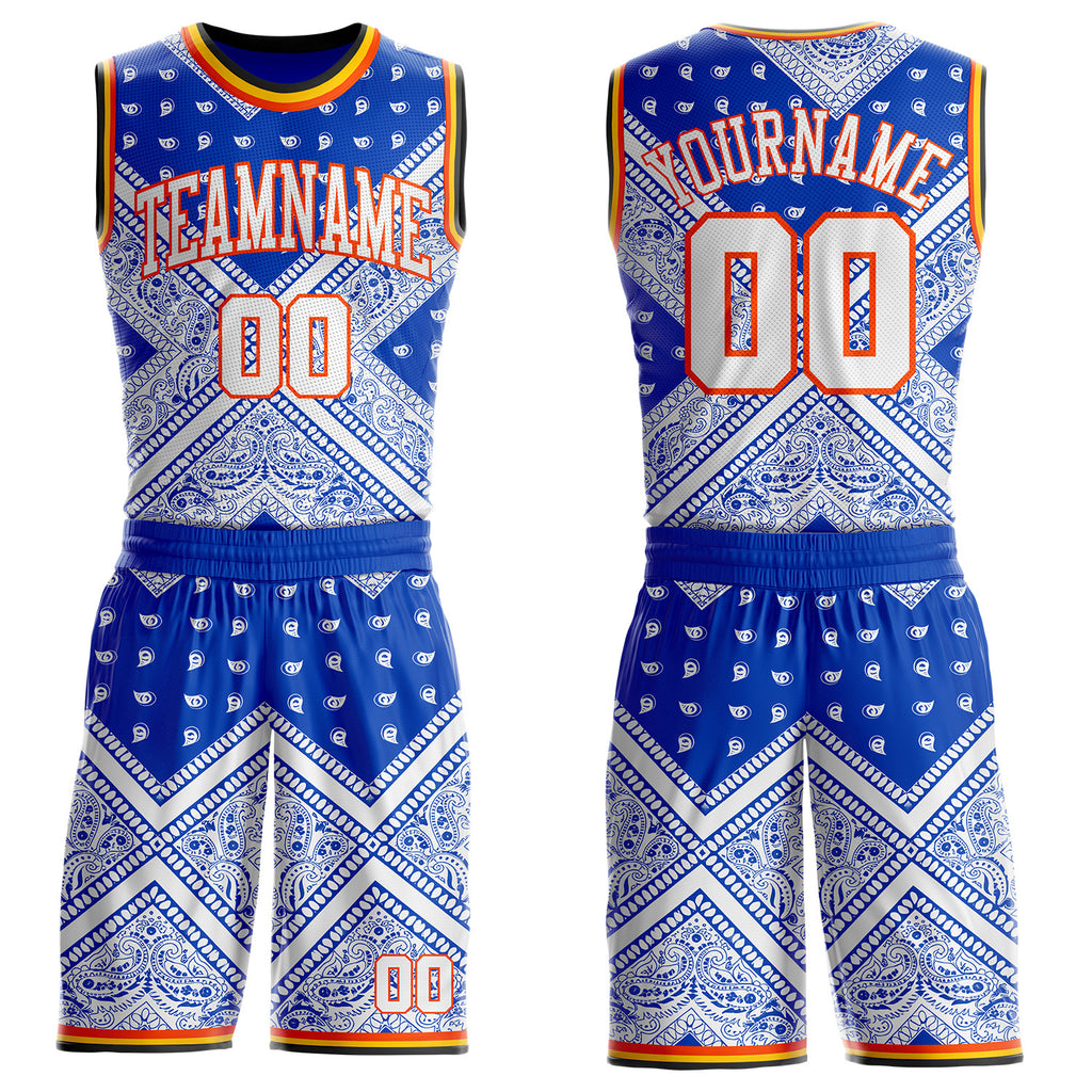 Custom Blue White Orange Black-Yellow Paisley Bandana Patchwork Round Neck Sublimation Basketball Uniform Jersey
