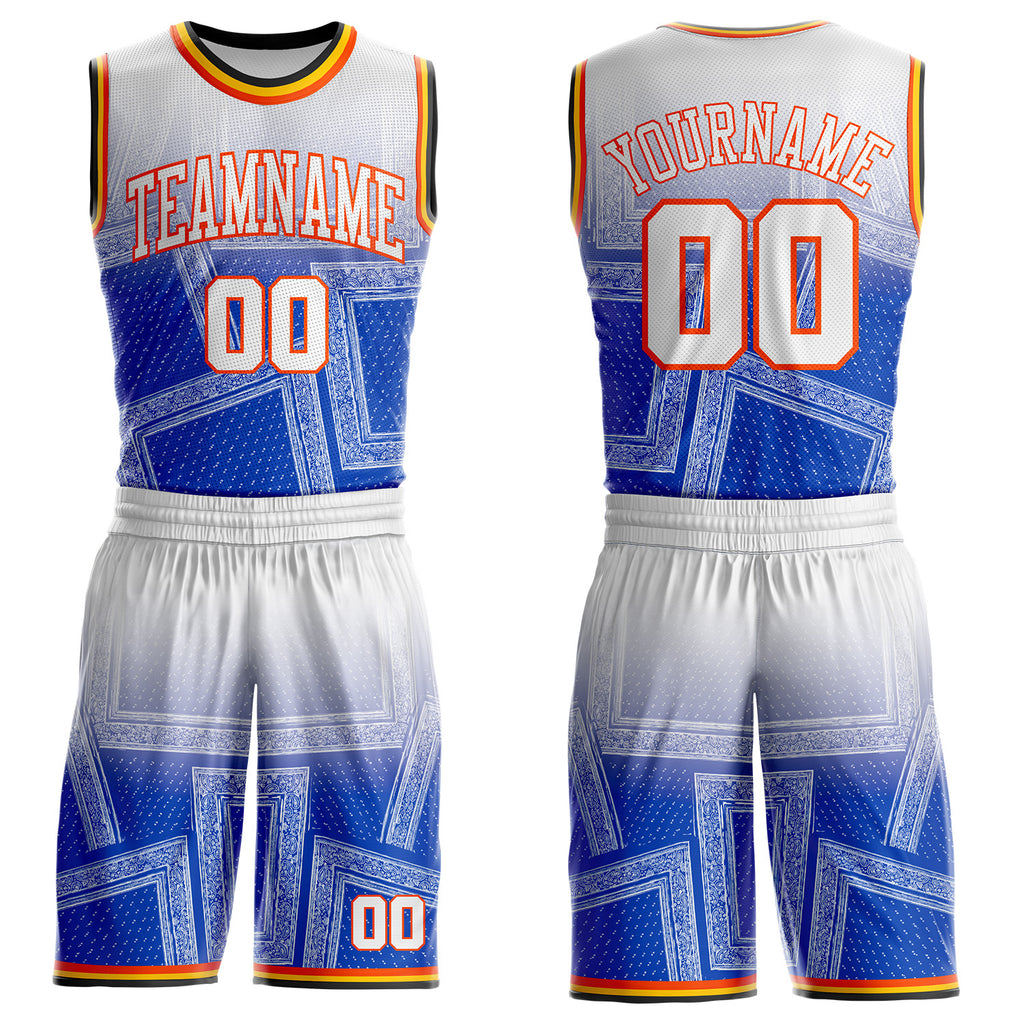 Custom Blue White Orange Black-Yellow Gradient Bandana Paisley Round Neck Sublimation Basketball Uniform Jersey