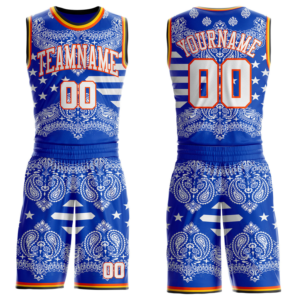 Custom Blue White Orange Black-Yellow Paisley Bandana Round Neck Sublimation Basketball Uniform Jersey