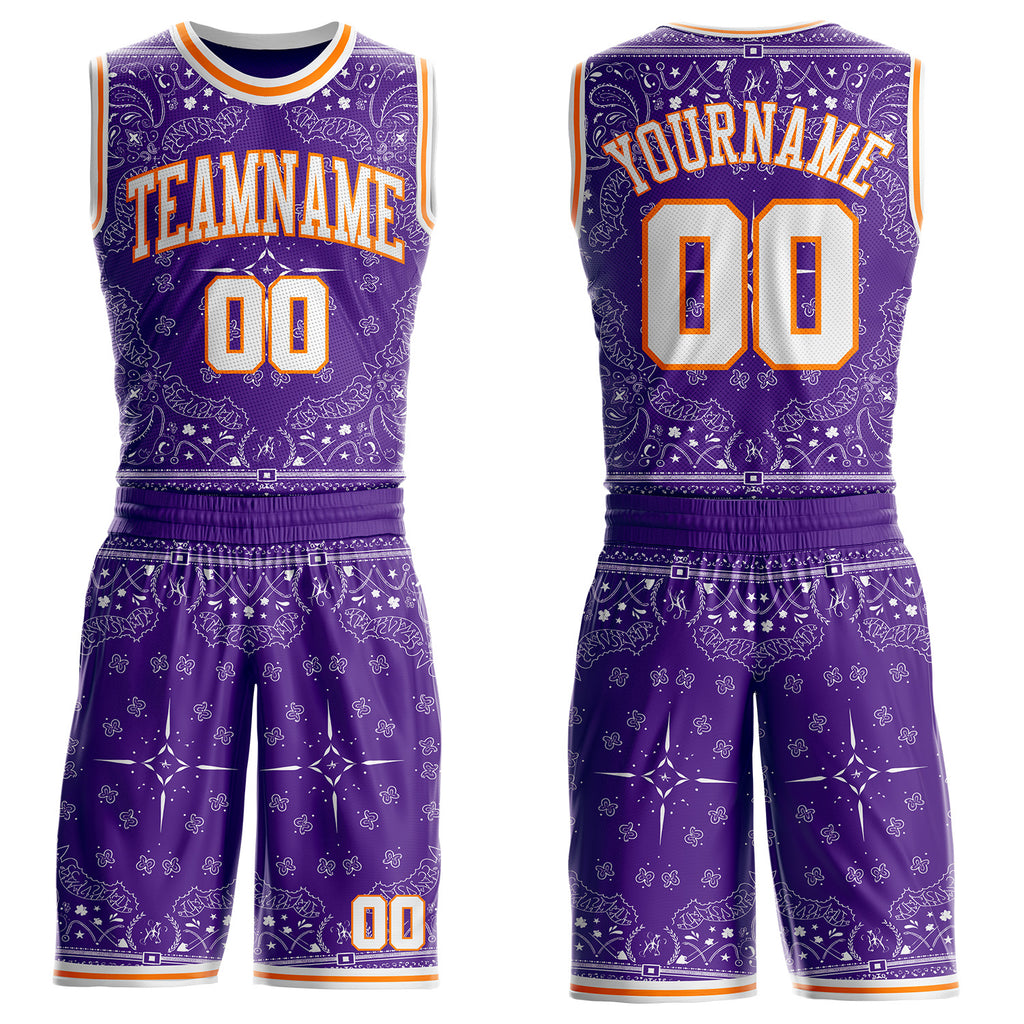 Custom Purple White-Bay Orange Paisley Bandana Round Neck Sublimation Basketball Uniform Jersey