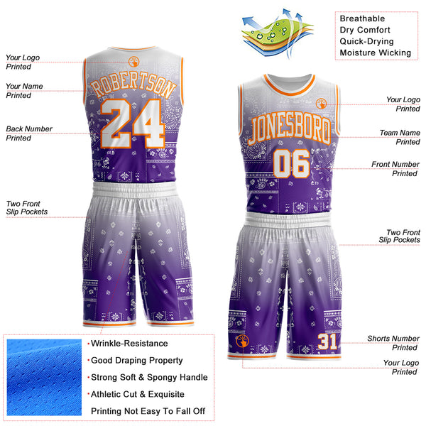 Custom Purple White-Bay Orange Paisley Bandana Patchwork Round Neck Sublimation Basketball Uniform Jersey