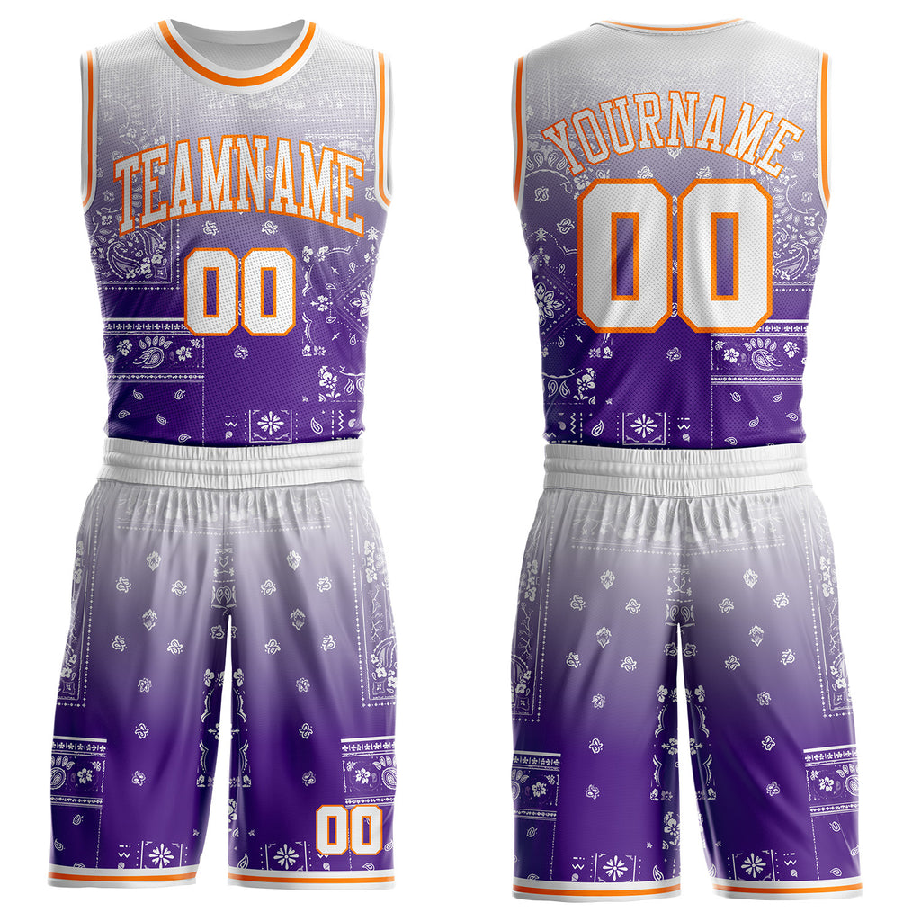 Custom Purple White-Bay Orange Paisley Bandana Patchwork Round Neck Sublimation Basketball Uniform Jersey