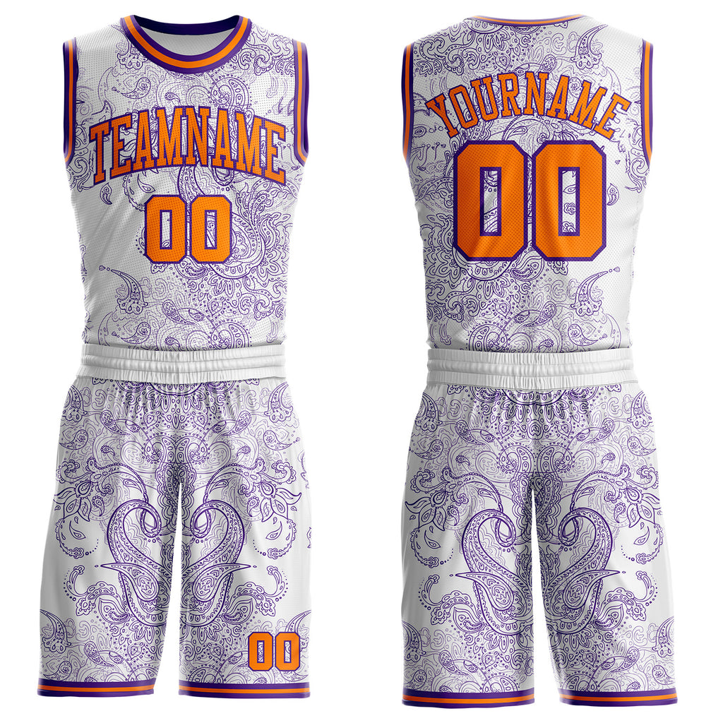 Custom White Bay Orange-Purple Paisley Bandana Round Neck Sublimation Basketball Uniform Jersey