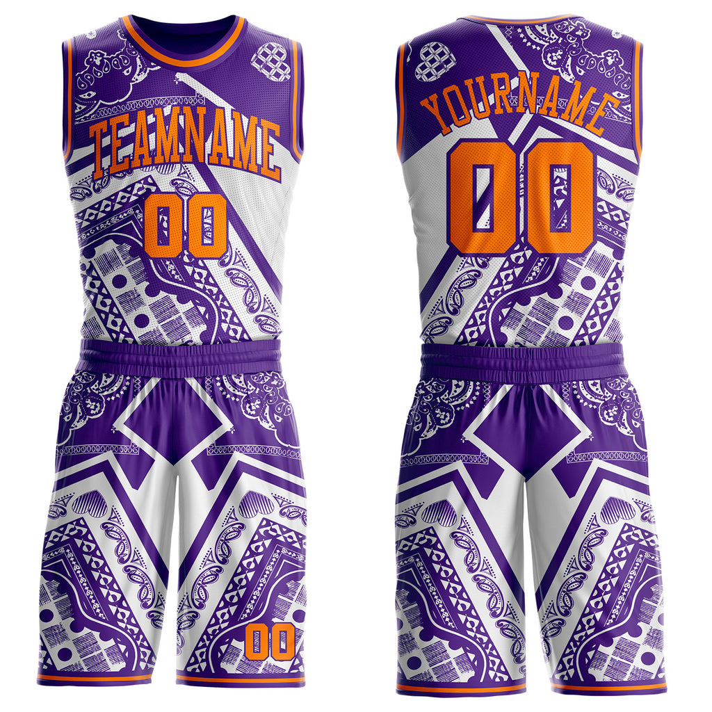 Custom Purple-Bay Orange Paisley Bandana Patchwork Round Neck Sublimation Basketball Uniform Jersey