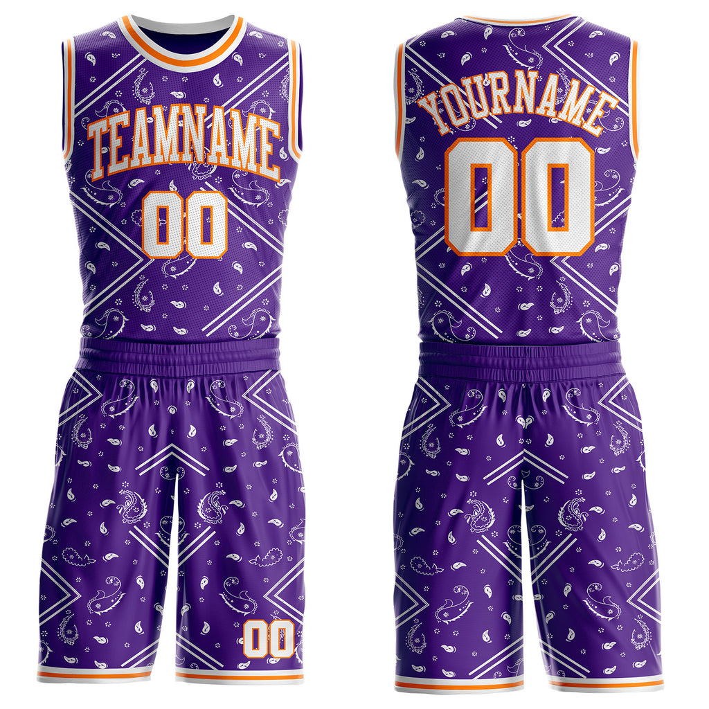 Custom Purple White-Bay Orange Paisley Bandana Patchwork Round Neck Sublimation Basketball Uniform Jersey