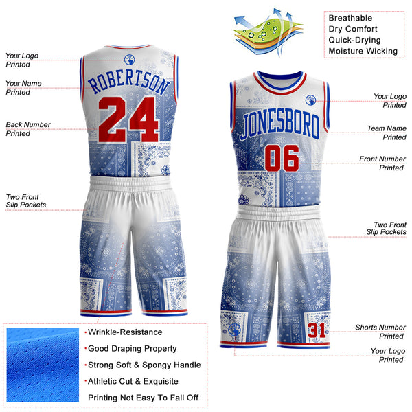 Custom White Red-Thunder Blue Paisley Bandana Patchwork Round Neck Sublimation Basketball Uniform Jersey