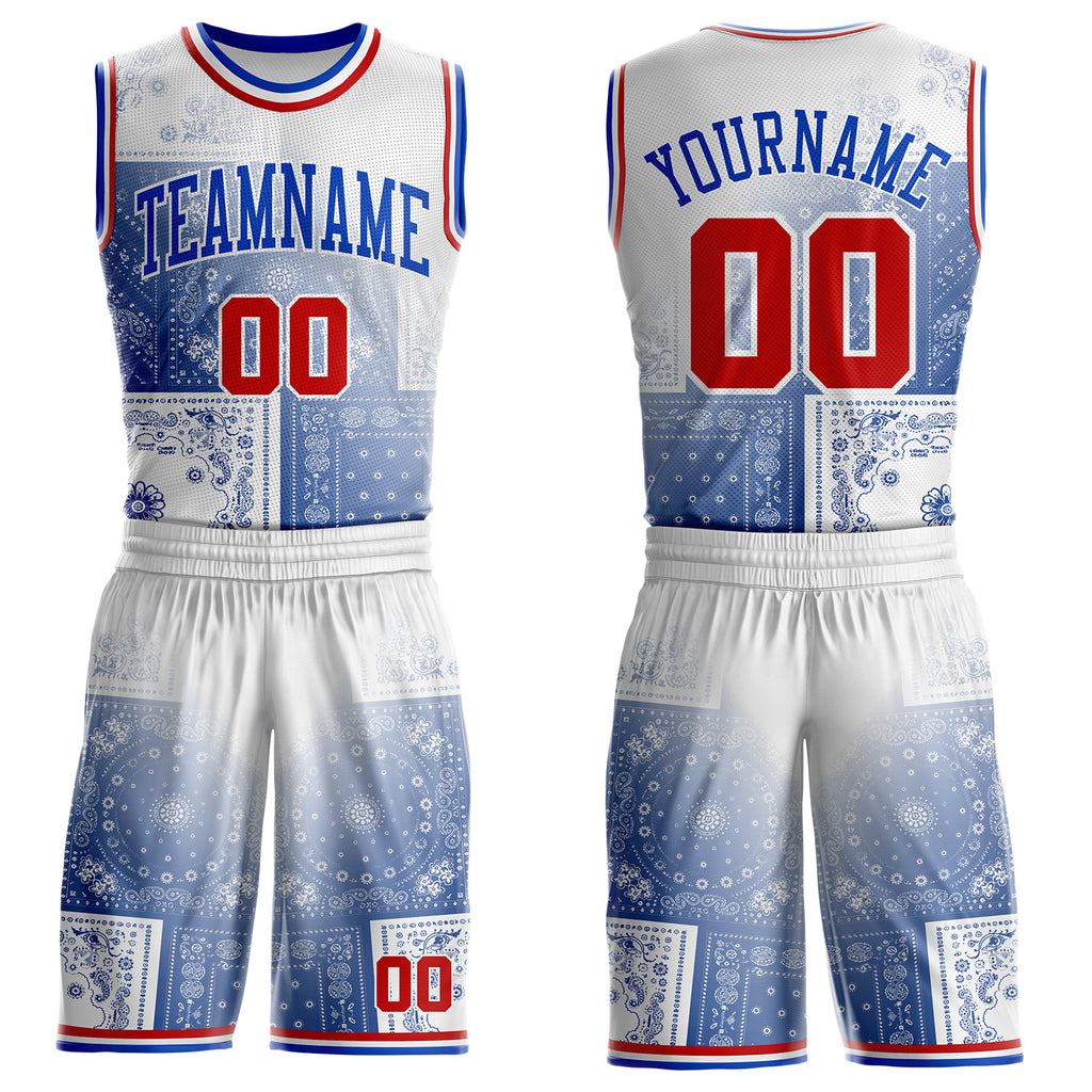 Custom White Red-Thunder Blue Paisley Bandana Patchwork Round Neck Sublimation Basketball Uniform Jersey