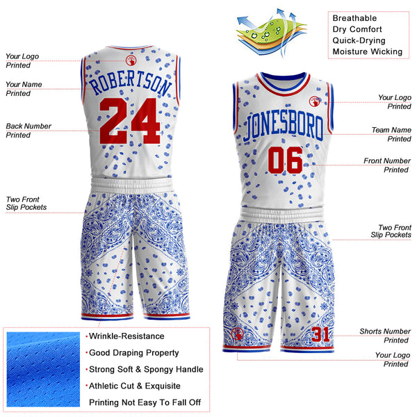 Custom White Red-Thunder Blue Paisley Bandana Patchwork Round Neck Sublimation Basketball Uniform Jersey