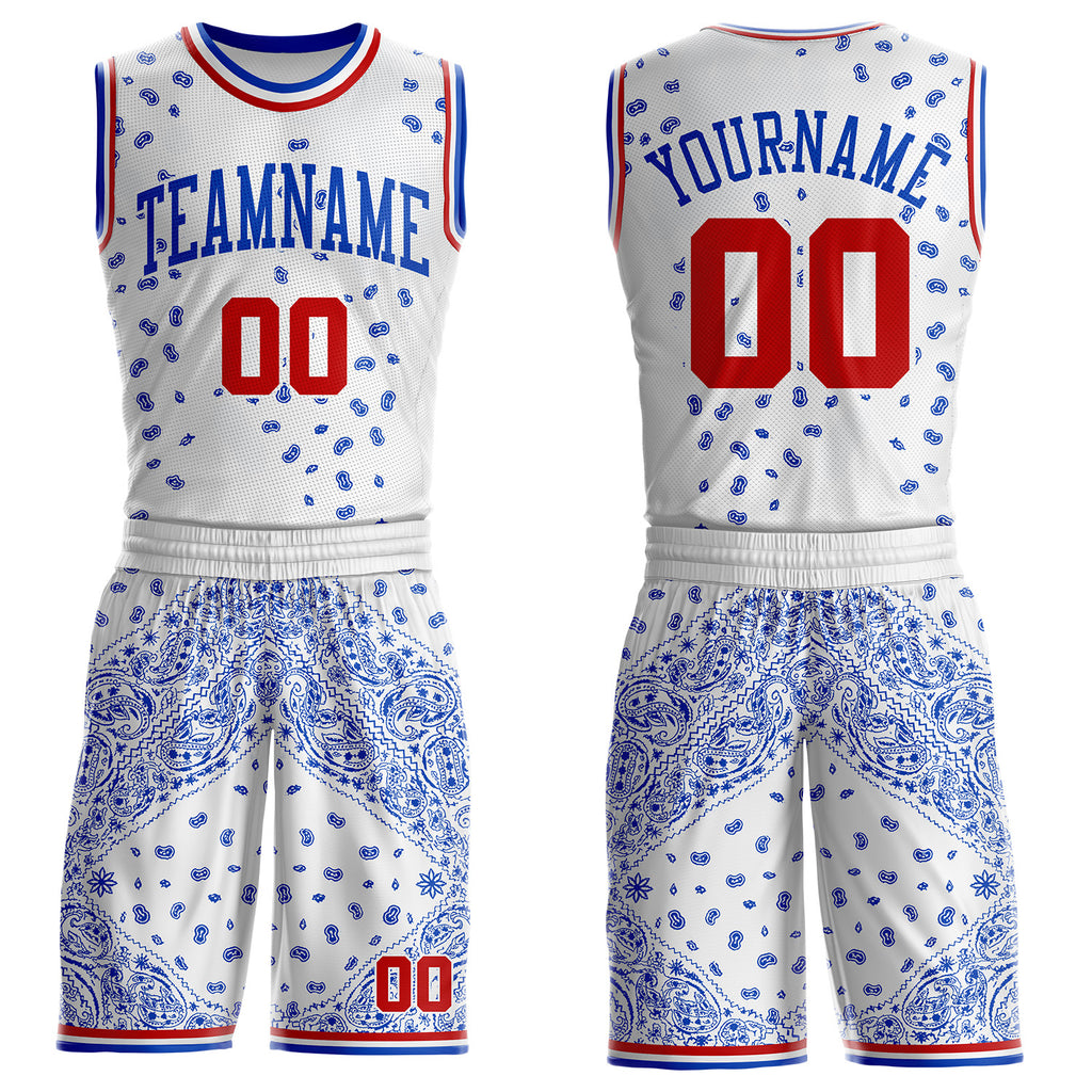 Custom White Red-Thunder Blue Paisley Bandana Patchwork Round Neck Sublimation Basketball Uniform Jersey