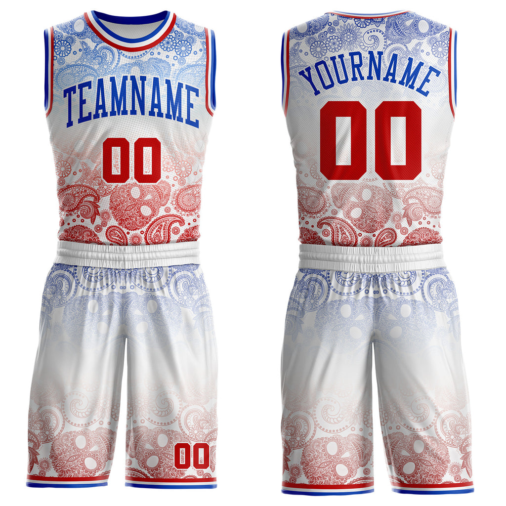 Custom White Red-Thunder Blue Gradient Bandana Paisley Round Neck Sublimation Basketball Uniform Jersey