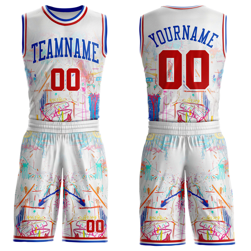 Custom White Red-Thunder Blue Hiphop Street Graffiti Round Neck Sublimation Basketball Uniform Jersey