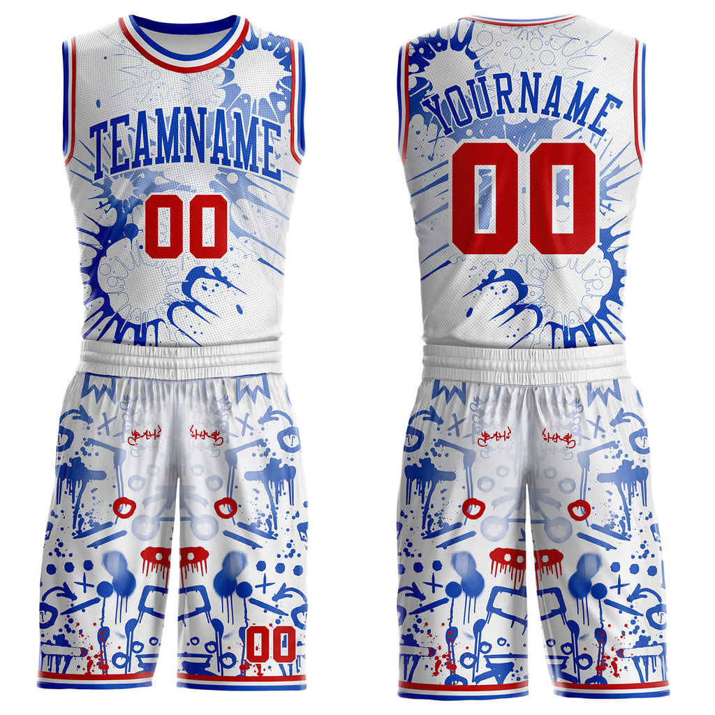 Custom White Red-Thunder Blue Hiphop Street Graffiti Splatter Round Neck Sublimation Basketball Uniform Jersey
