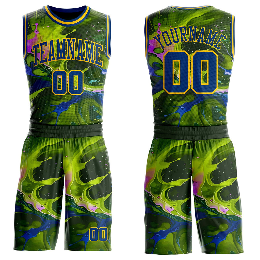 Custom Green US Navy Blue-Yellow Psychedelic Acid Fluid Round Neck Sublimation Basketball Uniform Jersey
