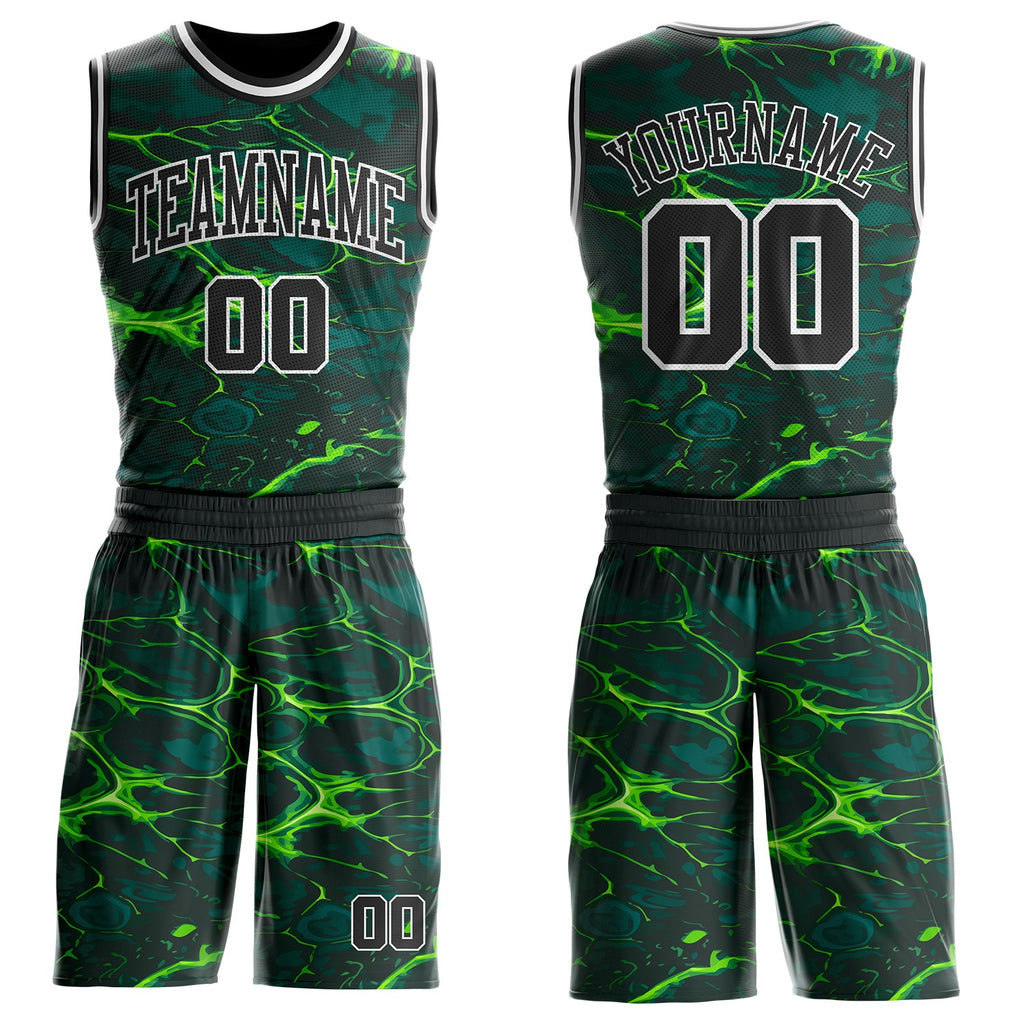 Custom Green Black-White Psychedelic Acid Fluid Round Neck Sublimation Basketball Uniform Jersey
