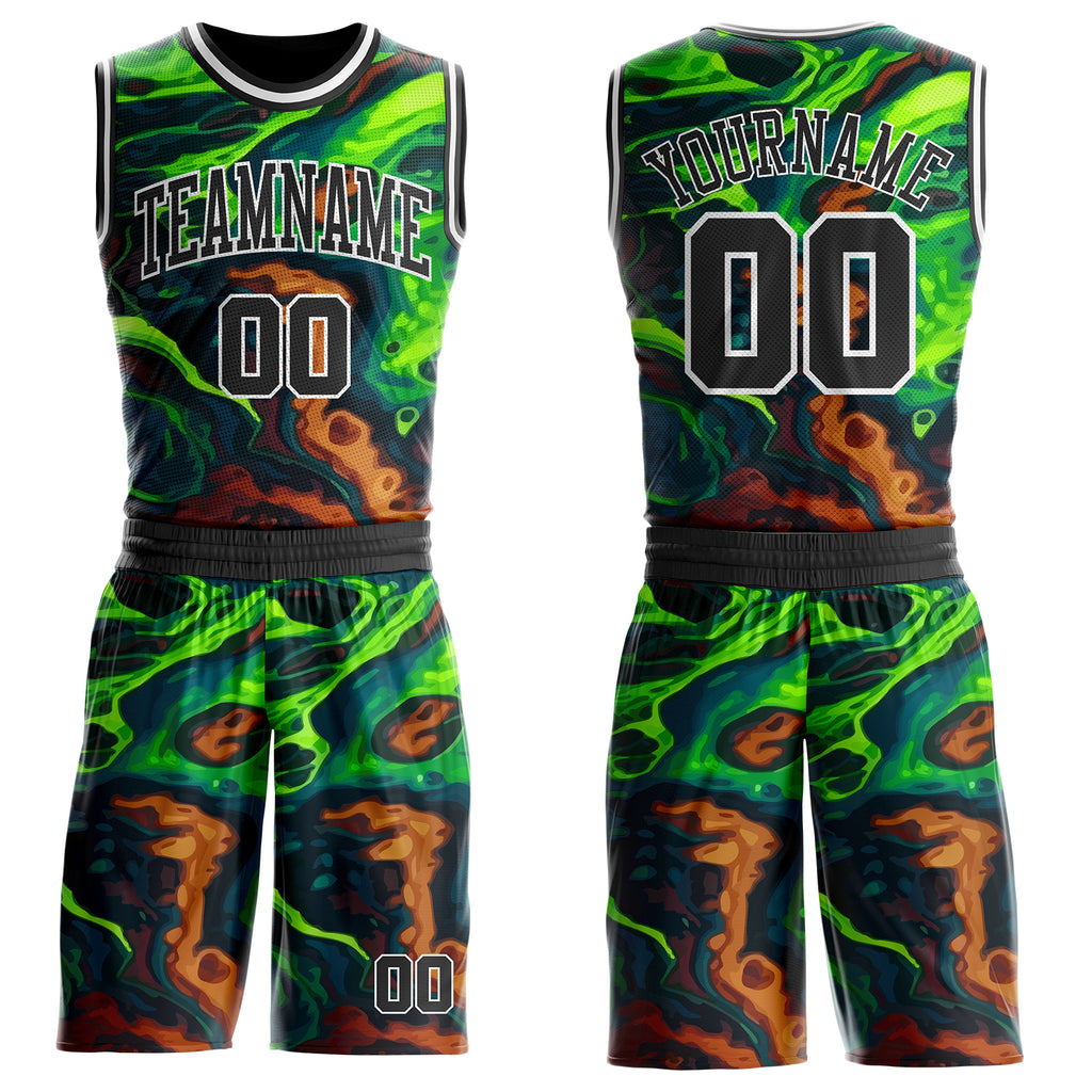 Custom Green Black Brown-White Psychedelic Acid Fluid Round Neck Sublimation Basketball Uniform Jersey