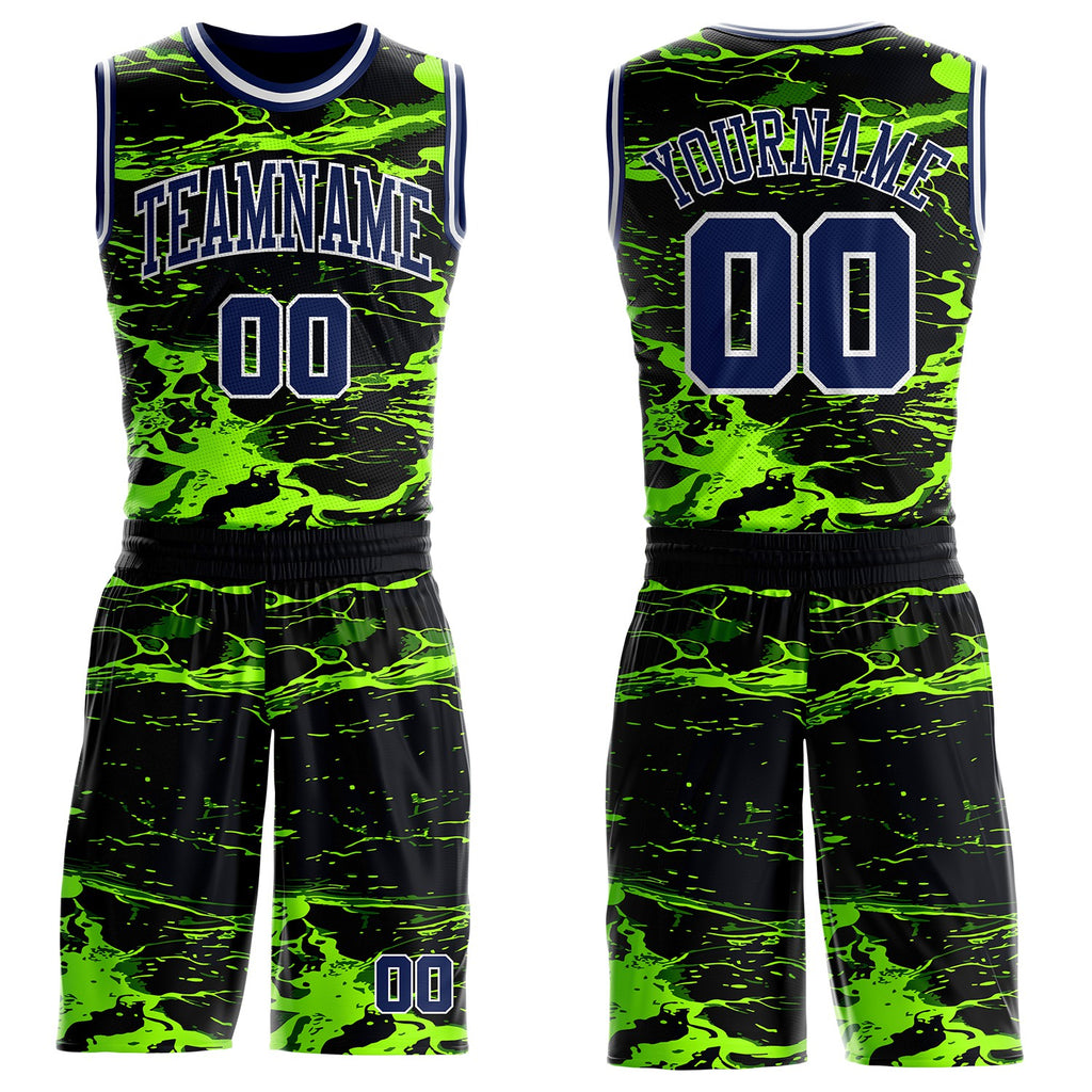 Custom Black Navy Green-White Psychedelic Acid Fluid Round Neck Sublimation Basketball Uniform Jersey