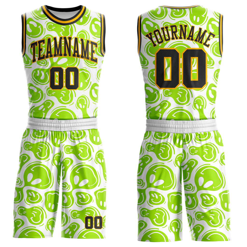 Custom White Black Neon Green-Gold Psychedelic Acid Fluid Round Neck Sublimation Basketball Uniform Jersey