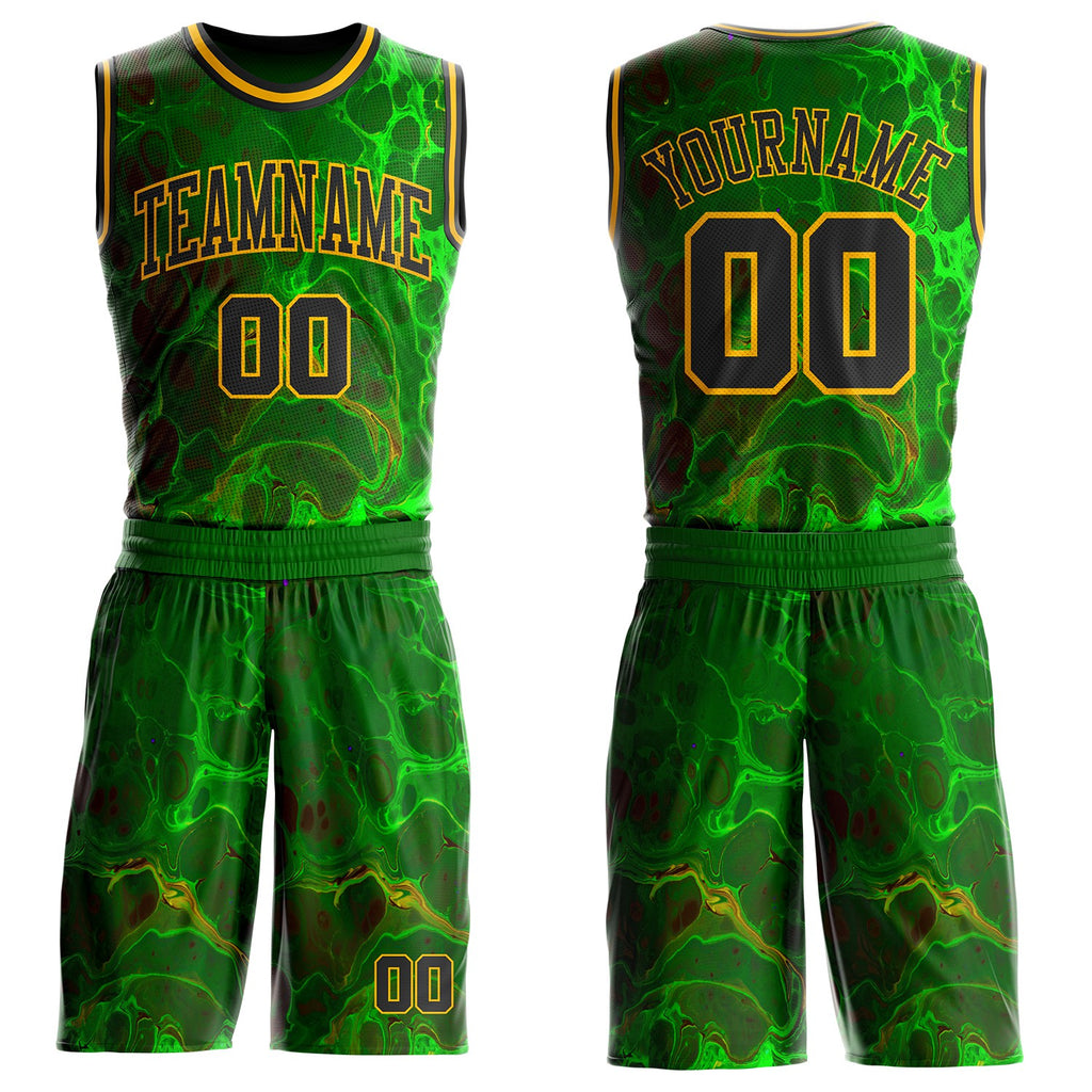 Custom Green Black-Gold Psychedelic Acid Fluid Round Neck Sublimation Basketball Uniform Jersey