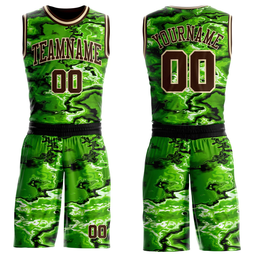 Custom Green Brown Black-Cream Psychedelic Acid Fluid Round Neck Sublimation Basketball Uniform Jersey