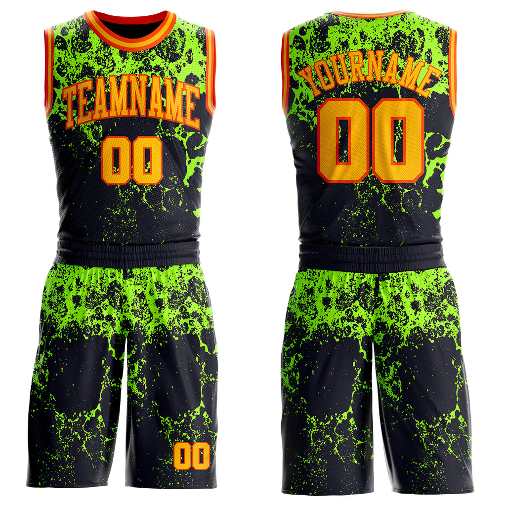Custom Black Gold Green-Orange Psychedelic Acid Fluid Round Neck Sublimation Basketball Uniform Jersey