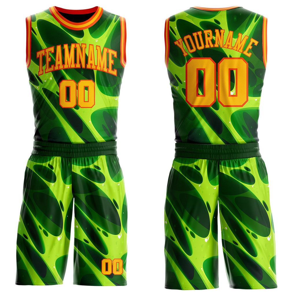 Custom Green Gold-Orange Psychedelic Acid Fluid Round Neck Sublimation Basketball Uniform Jersey