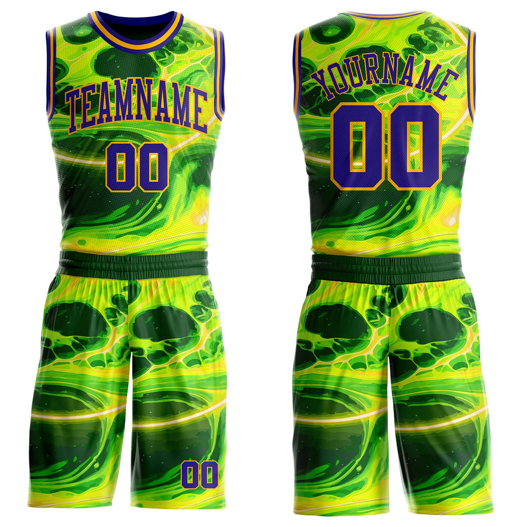 Custom Green Dark Purple-Gold Psychedelic Acid Fluid Round Neck Sublimation Basketball Uniform Jersey