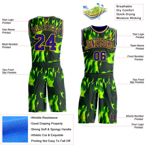 Custom Green Dark Purple-Gold Psychedelic Acid Fluid Round Neck Sublimation Basketball Uniform Jersey
